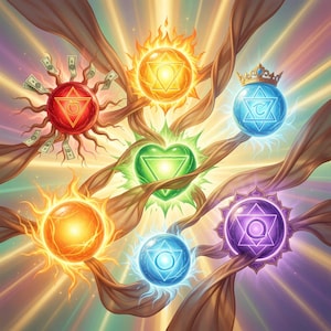 Può includere: Illustrazione artistica di sette simboli dei chakra, ciascuno rappresentato da un globo o sole luminoso. I colori includono rosso, arancione, giallo, verde, blu e viola, con nastri marroni e uno sfondo radiante.