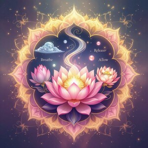 Puede incluir: Ilustración digital de una flor de loto rosa, rodeada por un diseño de mandala. La imagen incluye las palabras "Breathe", "Releaser", "Allow" y "Bloom". El fondo es de color púrpura oscuro con efectos brillantes.