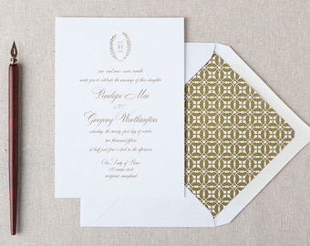 Formal Wedding Invitation. Formal Script in Antique Gold Foil or Letterpress Wedding Stationery. Classic Wedding Invite for Formal Weddings.