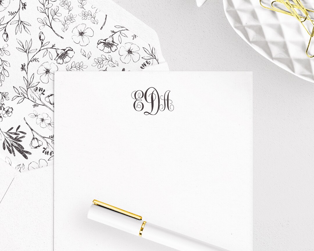 Monogrammed Stationery Set Blank Flat Note Cards Set of 16. Personalized Notecards. Classic
