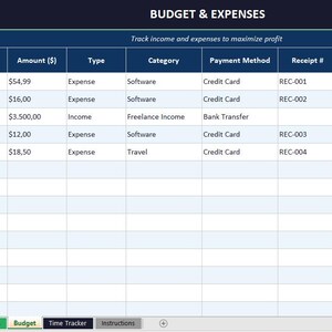 Könnte beinhalten: Eine digitale Tabelle mit dem Titel „BUDGET & AUSGABEN“ mit blauem Header. Die Tabelle listet Daten wie Datum, Beschreibung, Betrag, Typ, Kategorie, Zahlungsmethode, Belegnummer und Notizen auf. Enthält Ausgaben für Software und Reisen.