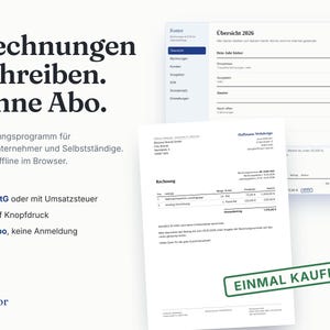 Software de faturamento offline para pequenas empresas | Faturamento de acordo com o §19 da Lei do Imposto sobre o Valor Acrescentado (UStG), Regulamento Europeu de Exportações (EÜR), clientes e despesas | Sem necessidade de assinatura para freelancers | Baixar