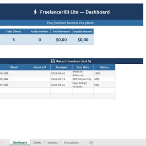Puede incluir: Panel digital "FreelancerKit Lite - Dashboard" en azul y blanco. Muestra datos de negocios freelance, incluyendo detalles de clientes y facturas. El panel muestra el total de clientes, facturas activas, ingresos y cantidades impagadas.
