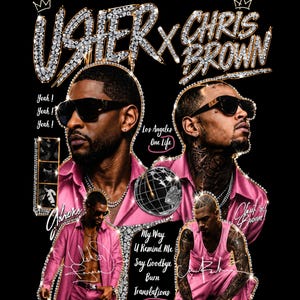 Könnte beinhalten: Schwarzes Grafik-T-Shirt mit Usher und Chris Brown. Das Design umfasst Porträts der Künstler, den Text "USHER X CHRIS BROWN" und Songtitel. Das Design ist mit einem diamantartigen Rand umrandet.