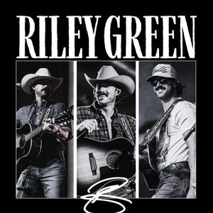 May include: Black and white image featuring Riley Green. The image is a triptych of the country music artist playing guitar and singing. The artist is wearing a cowboy hat in two of the images and a baseball cap in the third. The name "RILEY GREEN" is at the top.