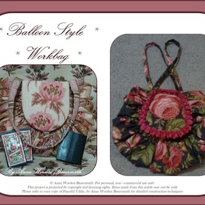 May include: A floral patterned workbag with a ruffled design. The bag has a flap closure and a long strap. The bag is made of fabric and has a vintage style.