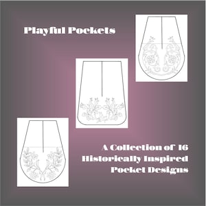 Pode incluir: Uma coleção de 16 designs de bolso inspirados historicamente. A imagem mostra três designs de bolso diferentes com padrões florais. O texto "Playful Pockets" está no topo da imagem.