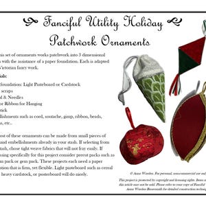 May include: A collection of handmade patchwork ornaments in various shapes, including a red apple, a green cone, and a red and green kite. The ornaments are embellished with cord and ribbon, and the text reads "Fanciful Utility Holiday Patchwork Ornaments."