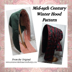 Può includere: Un modello per un cappuccio invernale di metà Ottocento. Il modello include due stili diversi di cappucci, uno con tessuto verde e rosa e l'altro con tessuto a righe rosse e verdi. Il testo "Mid-19th Century Winter Hood Pattern" è in alto nell'immagine. Il testo "From the Original www.annawordenbauersmith.etsy.com" è in basso nell'immagine.