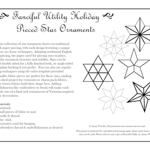 May include: Black and white line art of five different star shapes. The text "Fanciful Utility Holiday Pieced Star Ornaments" is at the top of the page. The text "Materials: Cardstock, Small pieces of fabric to taste, Needle & thread, Glue stick, Decorative cord for hanging, Embroidery thread & embellishments as desired" is at the bottom of the page.