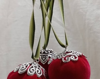 Trio of Victorian Velvet Strawberry Pincushions or Ornaments by Anna Worden
