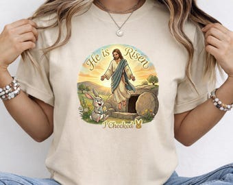 T-shirt du jour de Pâques Il est ressuscité | Matthieu 28:6 versets bibliques en t-shirt | Joli graphisme de lapin de Pâques