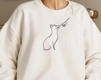 Sweat-shirt avec motif chat • Cadeau minimaliste pour amoureux des chats • Sweat à capuche aux couleurs confortables • Motif animal de compagnie