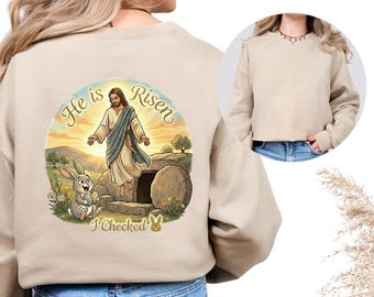 Sweat-shirt du jour de Pâques « Il est ressuscité » | Matthieu 28:6 - Sweat à capuche verset de la Bible | Joli graphisme de lapin de Pâques