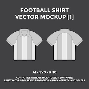May include: A vector mockup of a football shirt, displayed front and back. The shirt is light gray with white vertical stripes and gray sleeves. Text at the top reads "FOOTBALL SHIRT VECTOR MOCKUP [1]". Below, it says "AI - SVG - PNG".