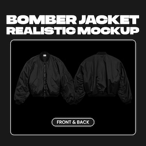 Könnte beinhalten: Schwarzes Bomberjacken-Mockup, Vorder- und Rückansicht, auf schwarzem Hintergrund. Die Jacke hat einen Reißverschluss, gerippte Bündchen und Saum sowie eine Tasche am linken Ärmel. Der Text "BOMBER JACKET REALISTIC MOCKUP" steht oben.
