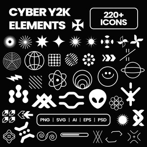 May include: A black graphic with white Y2K elements, including stars, arrows, and geometric shapes. Text includes "CYBER Y2K ELEMENTS" and "220+ ICONS". File formats: PNG, SVG, AI, EPS, and PSD.