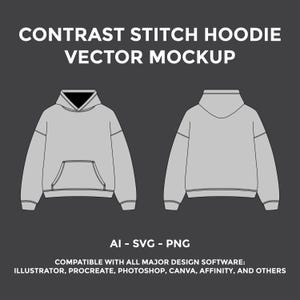 Può includere: Un mockup vettoriale di una felpa con cappuccio grigia, mostrata dalla vista anteriore e posteriore. Il design include una tasca frontale e un cappuccio. Il testo in alto recita "CONTRAST STITCH HOODIE VECTOR MOCKUP". Sotto, c'è scritto "AI - SVG - PNG" e compatibilità software.