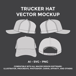 Puede incluir: Maqueta vectorial de una gorra de camionero en cuatro vistas: frontal, lateral y trasera. La gorra es de color gris claro con un panel trasero de malla y una visera curva. El texto en la parte superior dice "TRUCKER HAT VECTOR MOCKUP". Debajo, dice "AI - SVG - PNG".
