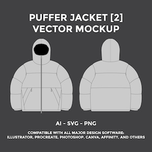 May include: A vector mockup of a gray puffer jacket, displayed from the front and back views. The jacket has a hood, a zipper, and pockets. Text at the top reads "PUFFER JACKET [2] VECTOR MOCKUP". Below, it states "AI - SVG - PNG" and compatibility with design software.