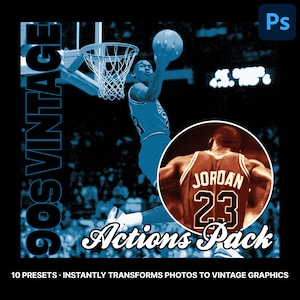 May include: A digital graphic design in blue and brown tones, depicting a basketball player mid-dunk. The image includes the text "90s Vintage" and "Actions Pack". A circular inset shows the back of a jersey with "JORDAN 23".