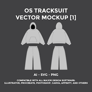 Op de afbeelding: Een vector mockup van een grijze OS-trainingspak, bestaande uit een hoodie en een broek met wijde pijpen, weergegeven van voor en achter. De afbeelding bevat de tekst "OS TRACKSUIT VECTOR MOCKUP [1]" en "AI - SVG - PNG". Compatibel met belangrijke ontwerpsoftware.