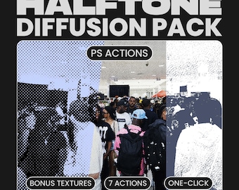 May include: A black graphic with the text "HALFTONE DIFFUSION PACK" in white. The image features a crowd of people with a halftone effect. The text "PS ACTIONS", "BONUS TEXTURES", "7 ACTIONS", and "ONE-CLICK" are also included.