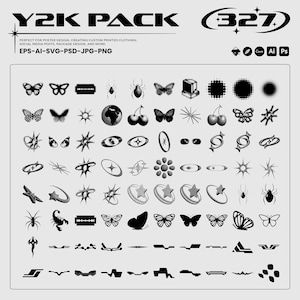 May include: A collection of black and white Y2K-style graphics, including butterflies, stars, and geometric shapes. The text "Y2K PACK" and "327" are at the top. The image also includes the text "PERFECT FOR POSTER DESIGN, CREATING CUSTOM PRINTED CLOTHING, SOCIAL MEDIA POSTS, PACKAGE DESIGN, AND MORE. EPS-AI-SVG-PSD-JPG-PNG."