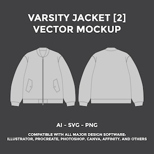 May include: A vector mockup of a varsity jacket, shown in front and back views. The jacket is light grey with a zip closure and pockets. Text at the top reads "VARSITY JACKET [2] VECTOR MOCKUP". Below, it states "AI - SVG - PNG" and software compatibility.