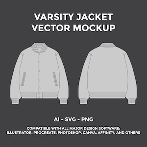 Op de afbeelding: Een grijze varsity jacket vector mockup, voor- en achteraanzicht, op een donkergrijze achtergrond. De jas heeft een geribbelde kraag, manchetten en zoom, met knoopsluitingen en zakken. Tekst bovenaan luidt "VARSITY JACKET VECTOR MOCKUP". Daaronder staat "AI - SVG - PNG".