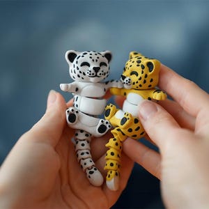 Peut inclure: Deux figurines de léopard articulées. L'une est blanche avec des taches noires, l'autre est jaune avec des taches noires. Les figurines ont des membres et des queues mobiles. Les figurines sont tenues dans les mains d'une personne.