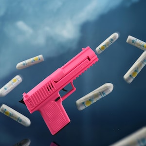 May include: A bright pink toy gun with the text "PERIOD MISSILE SYSTEM" is surrounded by several tampons. The tampons are white with a yellow and blue design. The background is a gradient of blue and white.