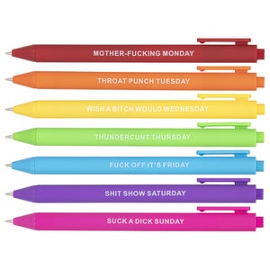 7 pc Swear Curse Cuss Word Pen Set Funny Office Gift for Co-worker Colleague Inappropriate Sassy Sarcastic Days of the Week Black Ink Pens