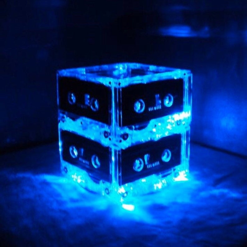 Set of 10 Lighted Cassette Tape Centerpieces for 80s 90s party music theme rock n roll music Blue