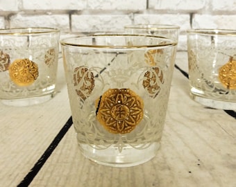 Set of 4 MCM Libbey Crown Collection Low Ball Glasses Gold Medallion White Frost Filigree Vintage Mad Men Barware Hollywood Regency
