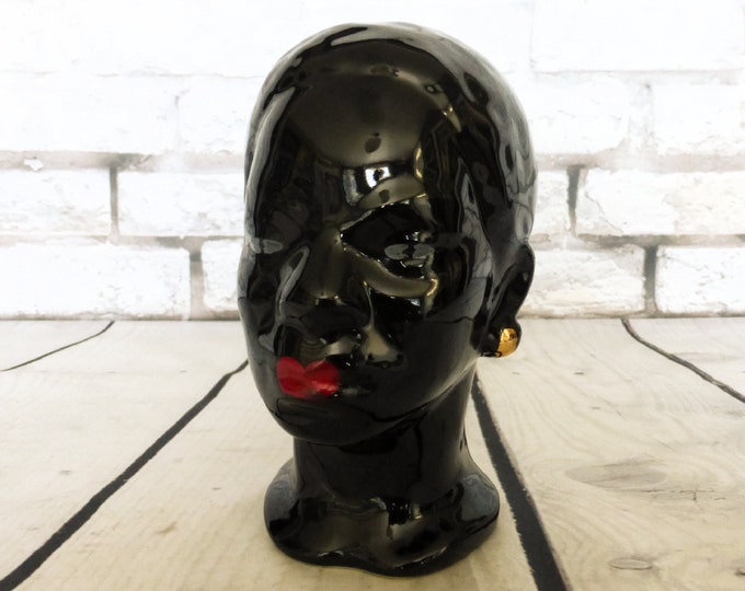 Vintage 1950s Black Lady Head Vase Hand Painted Face Mid Etsy