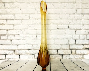 MCM Viking Swung Glass Vase Amber Epic Line Six Petal 22 1/4" with Original Tag | Mid Century Art Glass Stretch Vase Mod 1970s Boho