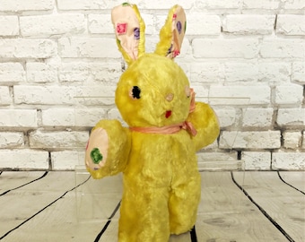 Vintage Stuffed Bunny Yellow Plush with Pom Eyes and Nose Cellulose Stuffing Easter Holiday Decor MCM Carnival Prize