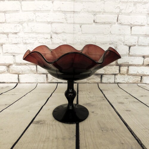 Vintage Amethyst Blenko Art Glass Crimped Compote Dish shops Tall Pedestal with Pontil Mark Mid Century Blown Glass Console Bowl