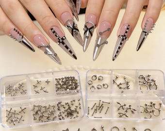 Handmade Punk Metal Nail Charms Set, Studs Spikes Rings Stars Nail Art Decorations, Gothic 3D Rivet Nail Gems DIY Manicure Accessories