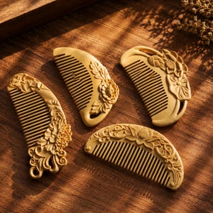 May include: Four light brown wooden combs with intricate floral carvings. Each comb features a unique shape and detailed relief patterns of flowers and leaves, including lotus and peony motifs, with fine teeth for grooming hair.