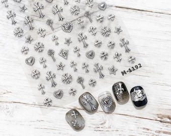 Pegatinas de uñas con cruz plateada gótica oscura, calcomanías de uñas con remaches de corazón punk, pegatinas de uñas con cruz cromada vintage, calcomanías de uñas góticas Y2K