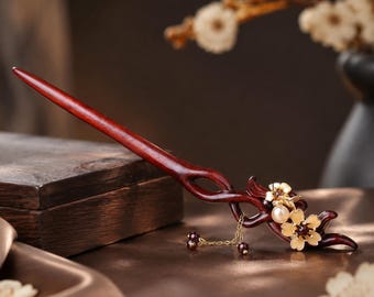 Handmade Red Sandalwood Hair Stick, Handmade Wooden Hairpin for Women, Bun Pin, Elegant Floral Hair Accessory, Traditional Hair Jewelry Gift