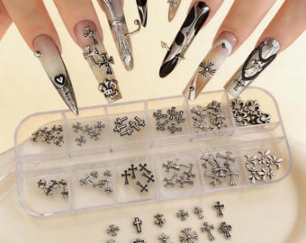 Cross Nail Art Charms Set Gothic Metal Cross Studs 3D Nail Gems DIY Nail Art Supplies Punk Chrome Nail Decorations Kit for Acrylic Nails