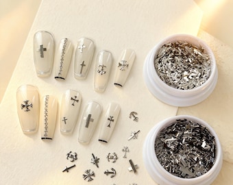 Handmade Cross Nail Charms 3D Metal Studs Gothic Punk DIY Nail Art Decorations Press On Nails Supplies Silver Black Rivet Charms Set
