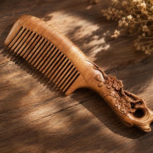 May include: A light brown wooden hair comb featuring a series of fine teeth and a handle intricately carved with a floral branch design. The wood grain is visible throughout the surface, and the handle includes a small circular cutout at the end.