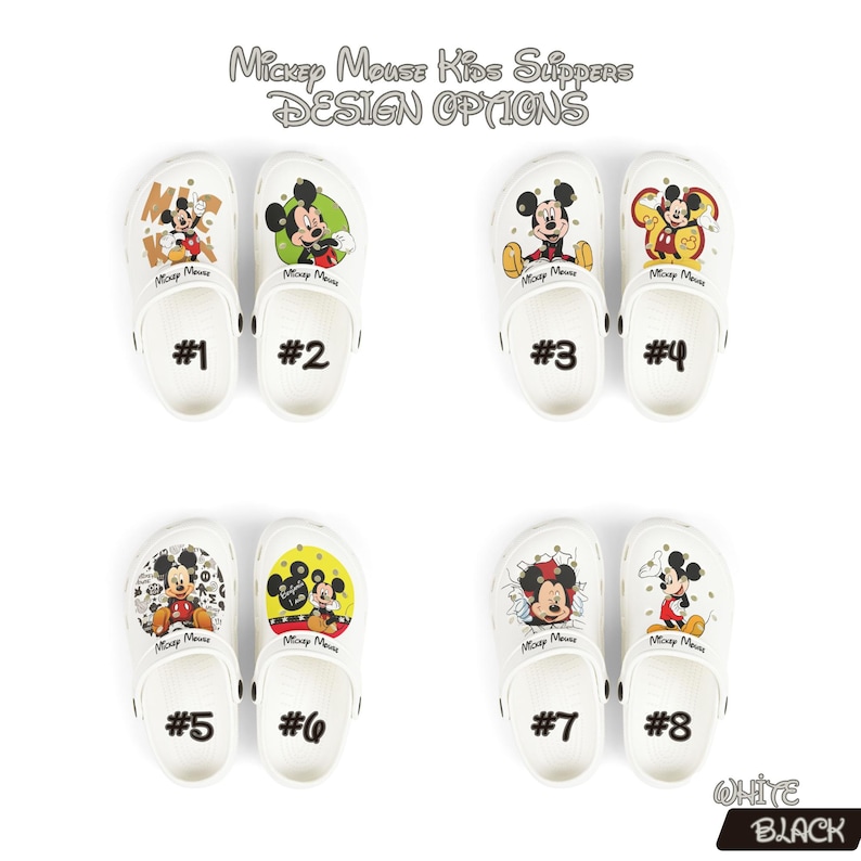 K&ouml;nnte beinhalten: Wei&szlig;e Mickey Mouse Kinderslipper mit verschiedenen Designs, darunter Mickey Mouse in verschiedenen Posen. Das Bild zeigt acht Paar Hausschuhe, jedes mit einem einzigartigen Grafikdesign und einer Nummer von 1 bis 8.