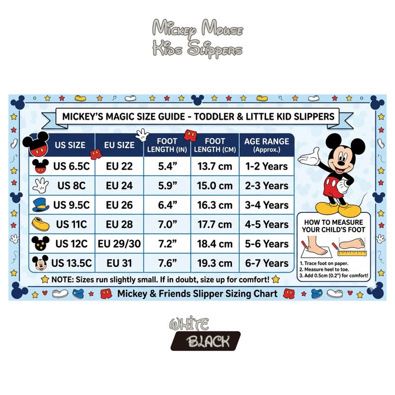K&ouml;nnte beinhalten: Gr&ouml;&szlig;entabelle f&uuml;r Mickey Mouse Kinderschuhe. Die Tabelle enth&auml;lt US- und EU-Gr&ouml;&szlig;en, Fu&szlig;l&auml;nge in Zoll und cm sowie Altersangaben. Mit Mickey Mouse-Illustrationen und Anweisungen zur Messung des Kinderfu&szlig;es.