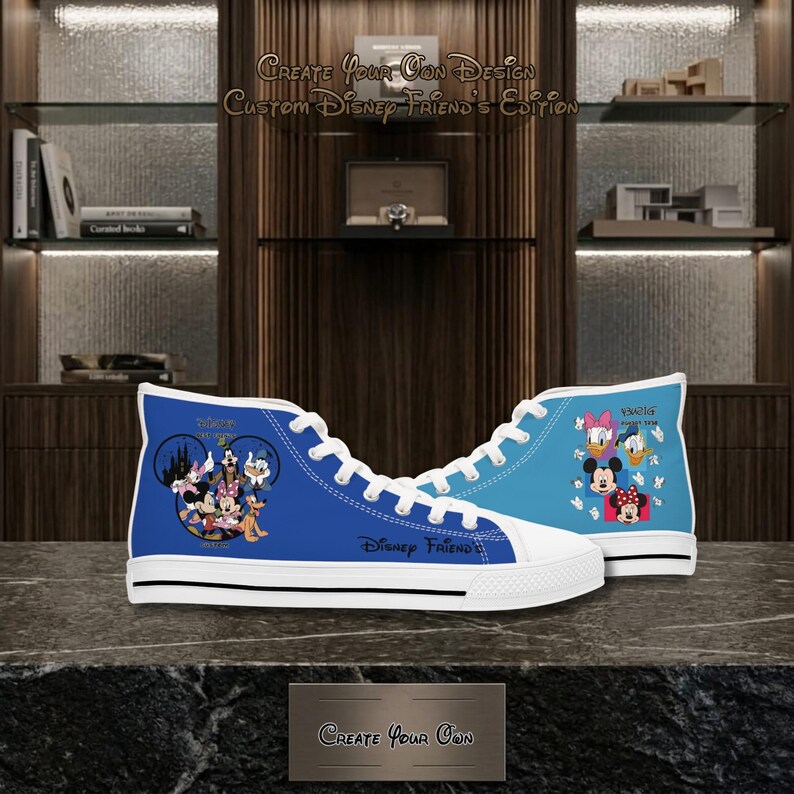 May include: Blue high-top trainers featuring Disney characters. One trainer is a darker blue with a group of characters, the other is a lighter blue with Minnie, Daisy, and Donald Duck. The text "Disney Friend" is on the side.