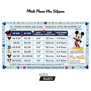 K&ouml;nnte beinhalten: Eine Gr&ouml;&szlig;entabelle f&uuml;r Mickey Mouse Kids Hausschuhe. Die Tabelle enth&auml;lt US- und EU-Gr&ouml;&szlig;en, Fu&szlig;l&auml;nge in cm und Zoll sowie Altersangaben. Au&szlig;erdem enth&auml;lt die Tabelle Anweisungen zum Messen des Fu&szlig;es eines Kindes.